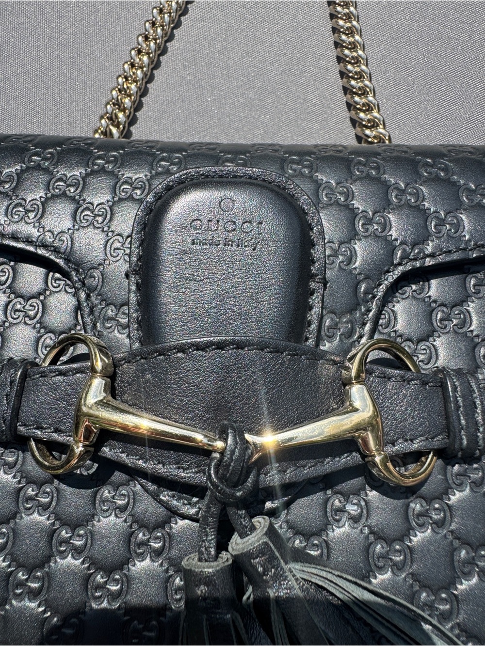 Gucci Emily Black Embossed GG Guccissima Crossbody with Gold Horsebit and Tassel - Picture 9 of 16